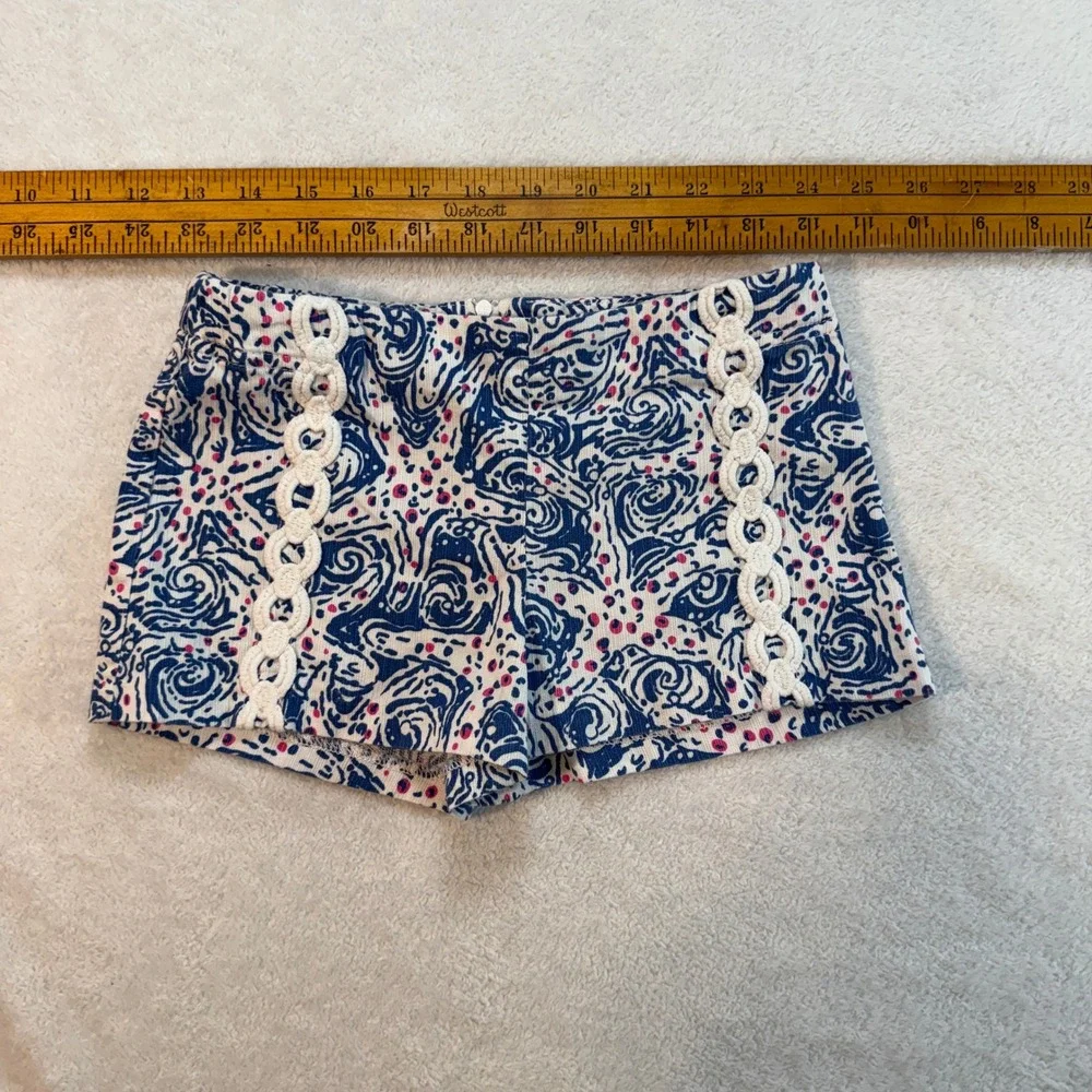 Lilly Pulitzer Girls Blue White starfish Print Shorts with Crochet Trim Size 7